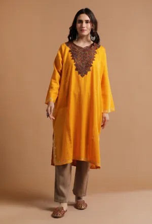 Carrot Orange Kashmiri Sozni Embroidery Phiran-Free Size